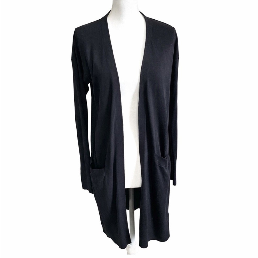 Black Open Front Longline Cardigan Sweater with Pockets and Side‎ Slits
